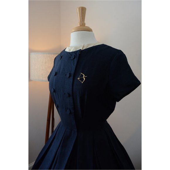 Vintage 1950s Navy A-Line Dress Midi 50s Silk S Sm - Picture 3 of 10